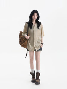 zuocisankon | Aged Cuban Collar Short Sleeve Shirt Female Overlapping Wear