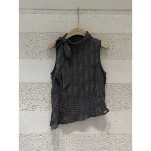 Gray Checkered Bow-necked Sleeveless Top for Women Slim-fit
