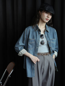 Loose Fit Pure Cotton Long Sleeve Blue Denim Shirt Womens Outerwear Vintage Hong Kong Style Design Sense Slimming Top