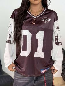 Womens Vintage American Sports V-neck Long Sleeve T-shirt Loose Fashion Casual Number Print Personality Comfortable Tee Tops