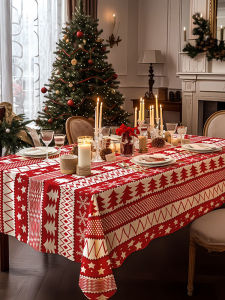 Red Tablecloth Christmas Decorative Cloth Art New Years Tea Table Dining Table Cover Nordic Style Plush Material Geometric Pattern