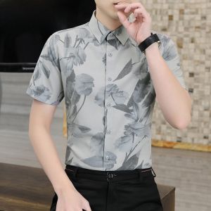 HENGYUANXIANG | Hengyuanxiang Mens Short Sleeve Floral Shirt Ice Silk Slim Fit Summer Fashionable Thin Style Youthful Sharp Collar Button Up