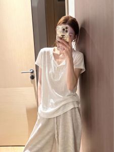 V.C.I | Relaxed Fit Hemmed White Snowy Cotton T-shirt Henley Neck Short Sleeve