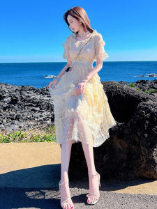 Elegant Summer New Womens High Waist Lace Short Sleeve Long Dress Gentle Style Sweet Temperament Cake Skirt Fashionable Chic