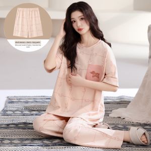 COSMO LADY | Cotton Summer Short Sleeve Pants Leisure Home Wear Set Pajamas 3 Pieces