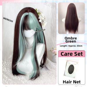 Lolita Style Long Straight Hair Partially Pink Dye Natural Young-looking Wig