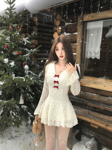 Mejiu Honey Nine Korean Style Lace Hollow out Long Sleeve Dress Pure Desire Spring Base Layer Skirt V Neck a Line Midi Dress