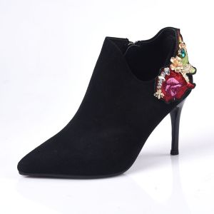 Zuse Embroidered Short Boots High Heel Pointed Toe Winter Fashion Show Special Diamond Stitched Leather Sharp Headed Ankle Boots