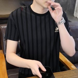 HENGYUANXIANG | Hengyuanxiang Mens Ice Silk Short Sleeve T-Shirt Summer High-end Cool Casual Stripe Round Neck Top Standard Fit Printed Youth Fashion