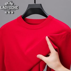 Mens round Neck Knitted Sweater Thin Autumnal Business Casual Red Color Base Shirt Long Sleeve Comfortable Breathable Fiber
