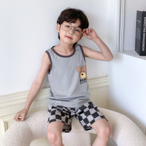 Miiow | Pure Cotton Summer Thin Short Sleeve Childrens Sleepwear Set Cartoon Home Clothes For Boys Round Neck Short Pants Breathable