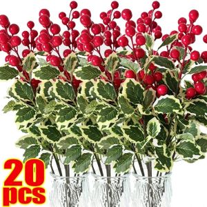 Articifial Christmas Red Berry Flowers Holly Leaves Branch DIY Wreath for Xmas Tree Ornaments New Year Party Home Decor