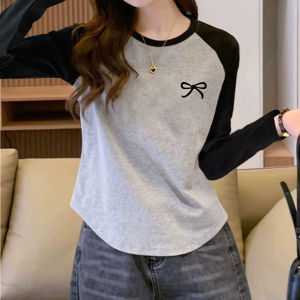 American Color Block Shoulder Insertion Long Sleeve Pure Cotton Womens T-shirt Spring Autumn Base Layer Small Shirt Design