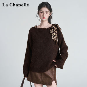 La Chapelle | Retro Leopard Print Bow Tie Loose Knit Sweater