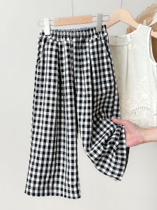 Soft Summer Plaid Wide Leg Straight Casual Pants for Girls Versatile Childrens Clothing Lightweight Long Trousers