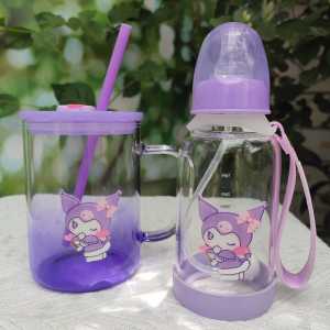 Adult And Childrens Purple Glass Straw Cup with Nipple Bottle Handle Cute Mimi Kuromi Design Water Cup High Borosilicate Glass