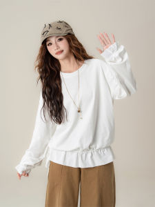 SHANGWEILUO | White Ruffle Sleeve Drawstring Hem Loose Slim Fit Casual Sweatshirt