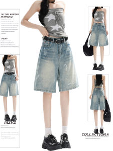 MZVZ | Vintage Splatter Paint Mid-length Denim Shorts
