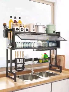 BMZAR Stainless Steel Dish Rack Over-The-Sink Dish Rack With Cover Multi-functional Sink Rack