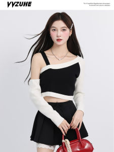 Korean Color Block Long Sleeve Knitted Top Womens Slim Fit Shoulder Bared Asymmetrical Neckline Short Style Versatile Top
