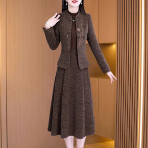 MAIMEI | Elegant Woolen Suit Set For Women Korean Style High Waist A-Line Midi Dress Spring Fashion Commute Polyester Fiber Long Sleeve