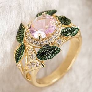 Huitan Elegant Fresh Style Lady Ring Flower Design Inlaid Shiny Pink CZ Leaf Shaped Aesthetic Wedding Accessories Trendy Jewelry