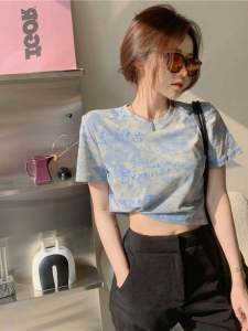 Áo Thun Nữ Tay Ngắn Nhuộm Màu Dệt Kim Mùa Hè 2024 Dáng Rộng Cạp Cao Hở Bụng Ngắn in Họa Tiết Cổ Tròn Thường Ngày