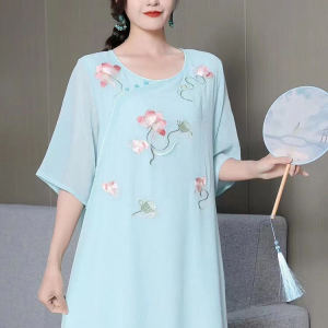 Váy Dài Vừa Phải Thêu Phong Cách Dân Tộc Mùa Hè 2025 Cho Nữ Váy Chữ A Cổ Chữ V Tay Ngắn Dáng Rộng Dáng Chữ A Thường Ngày