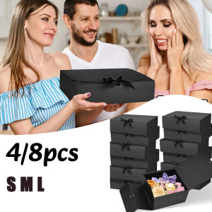 4/8PC Black Gift Box With Lid Party Gift Decoration Box Bridesmaid Proposal Box with Ribbon Xmas Halloween Candy Biscuit Boxes