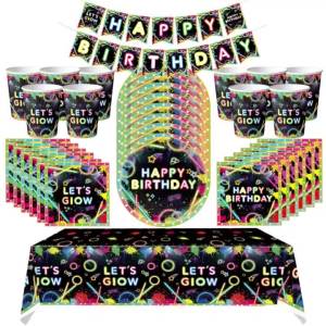 Kayou | Neon Birthday Party Supplies Set Disposable Paper Plates Cups Napkins Banner Tablecloth Glow In The Dark Theme Party Decorations