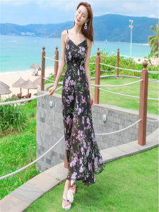 Floral Print Maxi Dress Bohemian Style Summer Vacation Beach Photography Gentle Lady Strapless Gown Long Skirt Elegant Women
