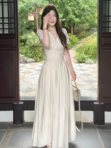 unifittoo | French V-Neck White Slim Fit Long Dress