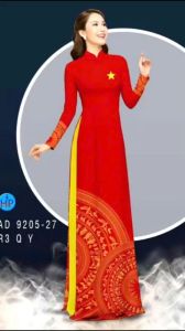 Áo dài họa tiết trống đồng sao nhí ngực trái