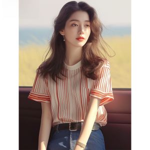 Red Striped Short Sleeve T-Shirt Womens Fashionable Korean Style Simple Elegant Thin Top Summer New Arrival Versatile Basic