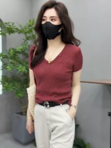 Elegant Ice Silk Short Sleeve Knitted Top Womens Summer Fashion Casual Unique Stylish Korean Version Slim Fit Solid Color