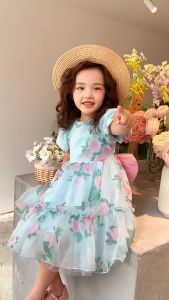 Đầm váy babydoll tay phồng cho bé gái hoa hồng diện đi chơi đi học du lịch đẹp size 12-40kg hàng thiết kế