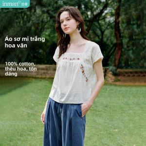INMAN | Áo Sơ Mi Dân Tộc Thêu Tay Cotton Sọc Ngắn Trắng