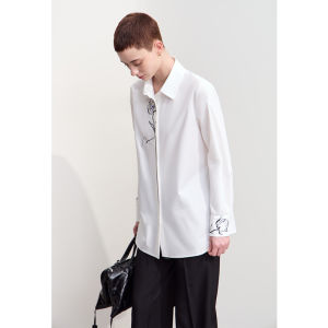 Amii Early Autumn Commute Style Cotton Shirt Womens Pure Cotton Embroidered Button down Collar Long Sleeve mid Length Top