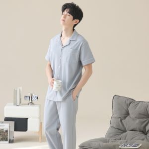 Miiow | Pure Cotton Sleepwear Set For Men Summer Short Sleeve Long Pants Home Clothes Simple High-End Large Size Comfortable Breathable
