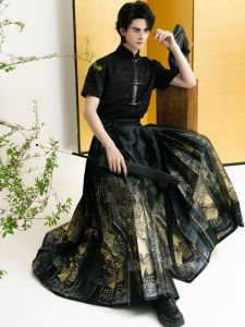 New Chinese Style Mens Short Sleeve Shirt Zhanghuafu Hanfu Male Model Woven Gold Horse Face Skirt Casual Summer Youth Wear