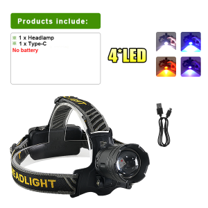 NEW 4core Super Bright LED Headlamp Red/Purple/Blue/White Fishing Headlight Rechargeable Flashlight Zoom Waterproof Camping Lamp