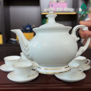 Bộ Ấm Trà Bát Tràng Cao Cấp - Phú Quý Trắng Kẻ Chỉ Vàng Kim Sang Trọng - Nhận In Logo In Chữ Làm Quà