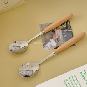 Long Handle Stainless Steel Spoon with Wood Handle for Coffee And Dessert Use in Cups Home Use And Restaurant Quality