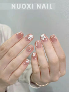 Moon2024 Summer New Pearl Hand-Painted 3D Flower Gentle Style Whitening Ice Transparent Short Wearing False Nails Craftsmanship