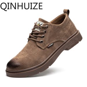 QINHUIZE Leather safety shoes steel toe cap anti-smash anti-piercing wear-resistant breathable protective leather shoes work safety boots