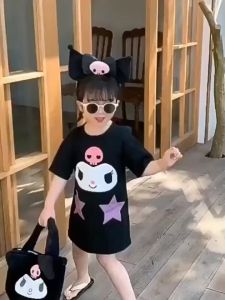 Binilin children dress girls girls clothes Cute cartoon design Girls Cotton Round Neck Breathable Short Sleeve Shirt Dress