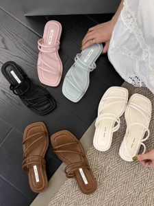 French Evening Breeze Womens Sandals Double Wear Thin Strap Fairy Gentle Thick Heel Slippers Summer Outdoor Wear PU Material