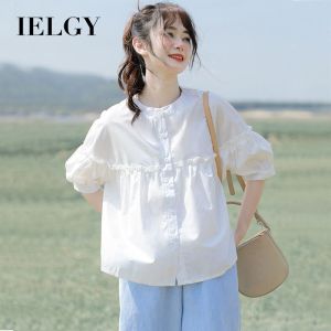 IELGY French Design Wood-ear Blouse Womens Summer Round Neck Top All-match Sweet Mid-sleeve Shirt