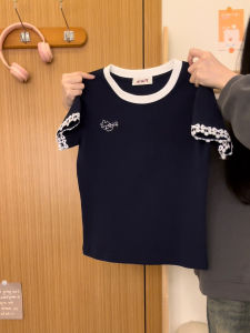 Áo Thun Nữ Tay Ngắn Thêu Ren Ôm Vừa Vặn Cổ Tròn Tay Dài Thường Ngày Mùa Xuân Cotton Pha Trộn Polyester