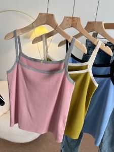 เสื้อกั๊กแขนกุดถักไหมน้ำแข็งลายทางสำหรับผู้หญิงในฤดูร้อน เสื้อชั้นในแบบเกาะอก เสื้อคลุมกันหนาวแบบลำลอง สไตล์หวานๆ น่ารักๆ